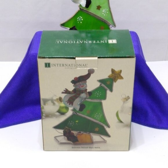 Stained Glass Snowman Climbing Christmas Tree Votive Holder Silver Plate Vintage - Picture 8 of 10